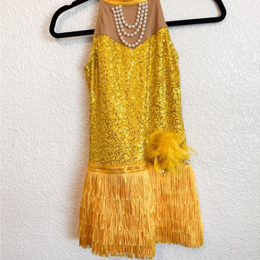 Yellow Sequins Dance Costumes with Fringe Details, leotard Size S